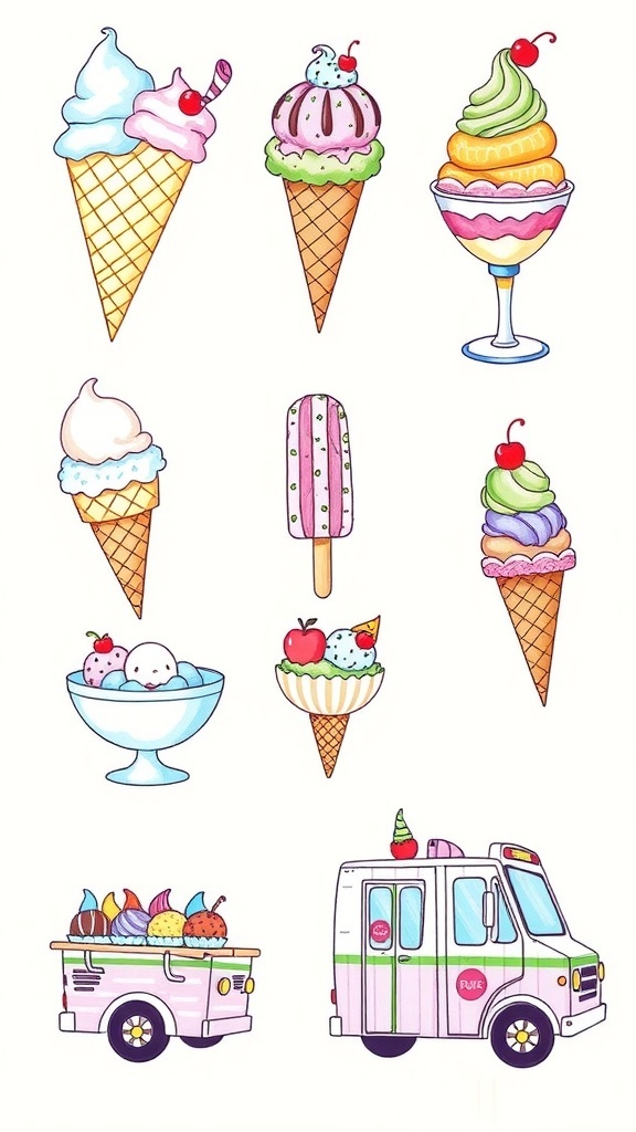 A collection of colorful ice cream drawings including a cone, sundae, popsicle, bowl, and ice cream truck.